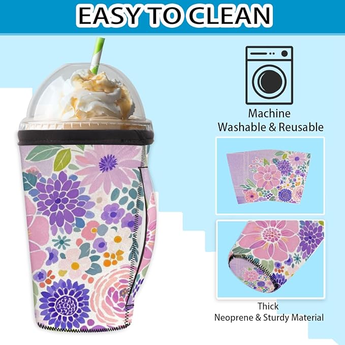 Purple Flower Reusable Insulator Coffee Sleeves for Drinks Beverages, Neoprene Holder with Handle for Most Coffee or Ice Drink, 24-28oz