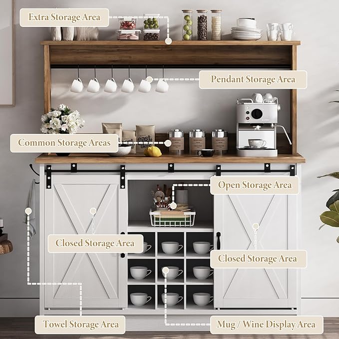 4ever2buy Farmhouse Coffee Bar Cabinet with Hutch, 47 Inch Buffet Cabinet with Storage, White Wine Bar with 9 Wine Racks and 6 Hooks, Coffee Bar Table with Adjustable Shelves for Living Dining Room