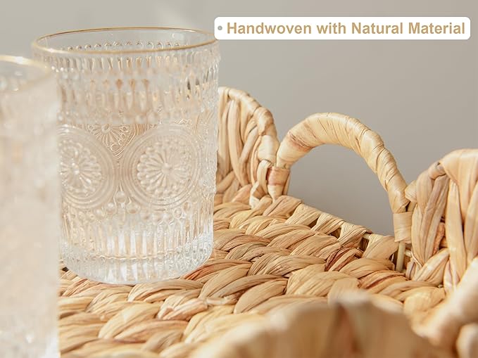 StorageWorks Rectangle Wicker Scalloped Tray, Rattan Serving Trays with Handles, Water Hyacinth Basket for Decorative & Organizing, 15.75" L x 11.5" W x 2.75" H
