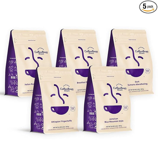 Coffee Bean Direct Best Sellers Coffee Variety Bundle, Whole Bean, 1 Pound Bags (Pack of 5)