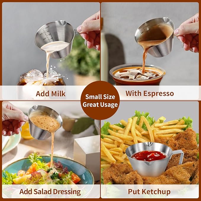 carrottimes 1Pc Stainless Steel Espresso Cups, Double Spout Metal Measuring Cup with Dual Scale, Espresso Shots Cup with Handle, 3.4oz/100ml