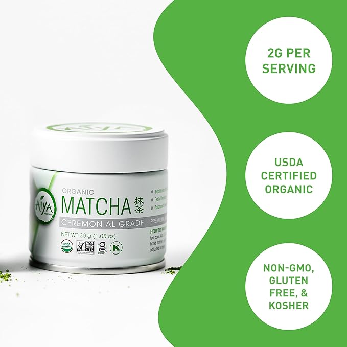 Aiya Organic Ceremonial Grade Matcha Powder - Premium Matcha Ceremonial Grade, Vibrant Jade Green Color, Mild Natural Sweetness, Japanese Tea Ceremonies - 30g Tin
