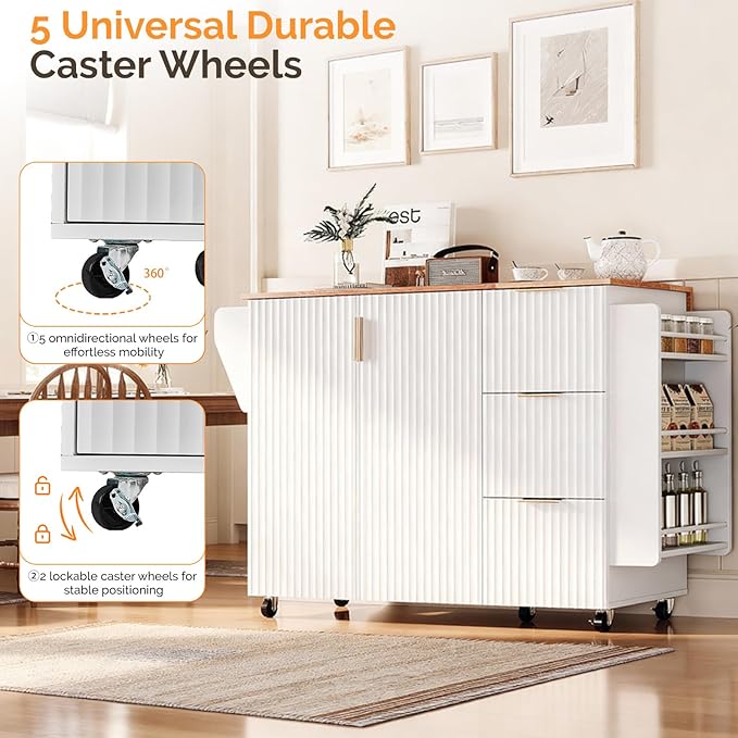 VINGLI Fluted Kitchen Island Cart on Wheels with Storage, Folding Rolling Kitchen Island with Drawers, Small Portable Island Table with Extendable Rubber Wood Top, White