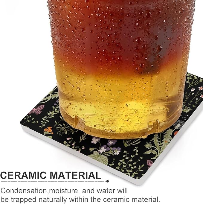 Square-4PCS Botanical Ceramic Coasters, Square Absorbent Drink Coasters, Colorful Cartoon Abstract Botanical Mushroom Plants Pattern Ceramic Table Coasters for Coffee, Beverage, Wine, Beer Coasters