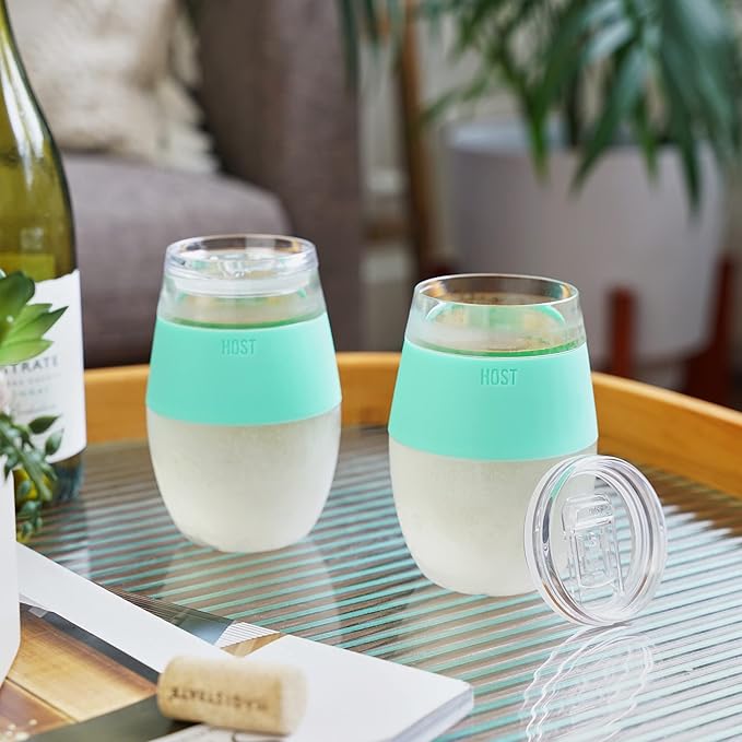 Host Wine Freeze Cup with Lid, Double Wall Insulated, Cooling Freezable Drink with Gel, Glasses for Red and White Wine, 8.5 oz, Set of 2, Mint
