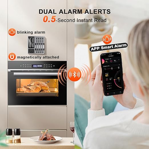 Wireless Smart Meat Thermometer with 4 Probes & APP Alerts, 800ft Bluetooth Grill Thermometer, 0.19In Ultra Thin Probes, ±0.5℉ Accuracy, Big Digital Backlit Screen, for Kitchen BBQ, Oven, Smoker