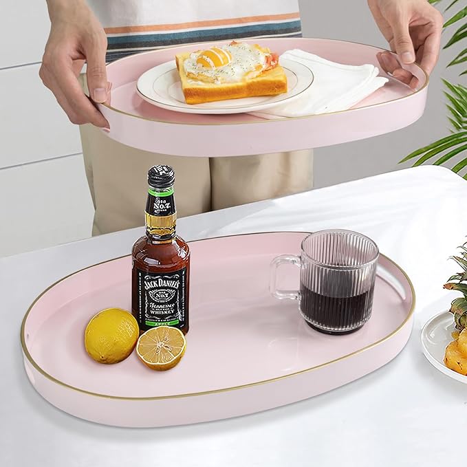 MAONAME Pink Serving Trays with Handles, Oval Decorative Trays for Coffee Table, Nesting Tray Set of 2, Plastic Vanity Tray for Ottoman, Living Room