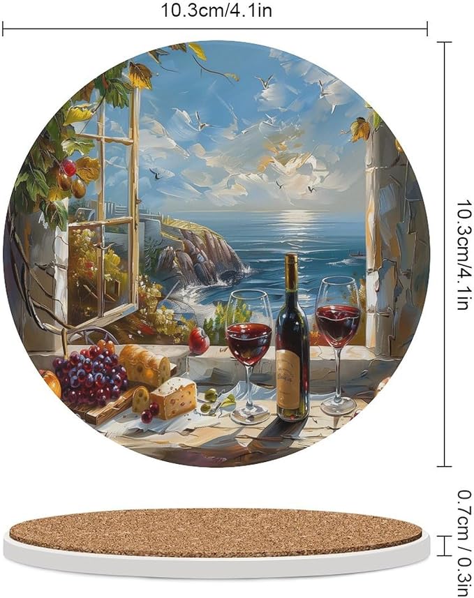 Round-6PCS Red Wine Drink Coasters, Round Modern Ceramic Absorbent Coasters, Oil Painting Style Red Wine Grapes Sea Scenery Decor Desk Coffee Table Coaster for Beverage Cup Tea Coasters