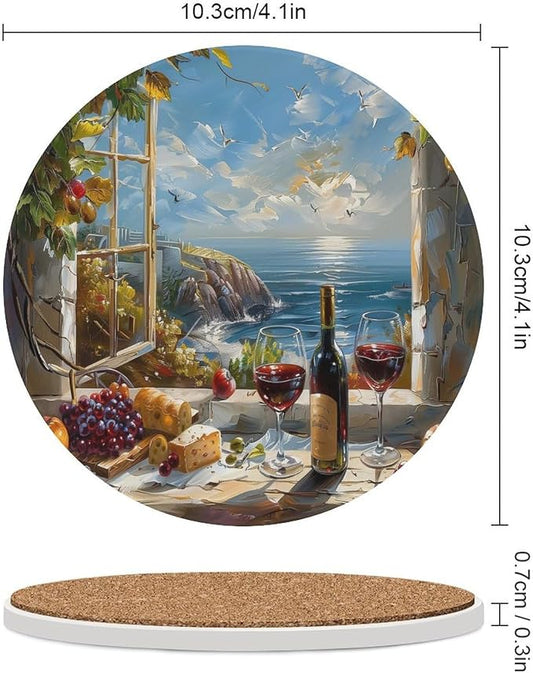 Round-6PCS Red Wine Drink Coasters, Round Modern Ceramic Absorbent Coasters, Oil Painting Style Red Wine Grapes Sea Scenery Decor Desk Coffee Table Coaster for Beverage Cup Tea Coasters