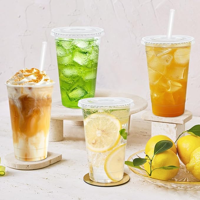 Clawsoff 100 Pack 20 oz Plastic Cups with Lids and Straws Sturdy Food Safe Iced Clear Coffee Cups Disposable Smoothie Cups for Cold Drinks
