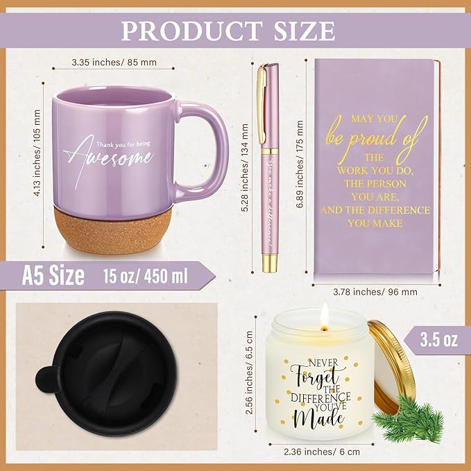 4 Pcs Thank You Gift Set for Women Men Coworker Employee Inspirational Appreciation Gifts Notebook Coffee Mug Scented Candle Pen for Valentine's Day Team Office Staff Teacher Nurse (Puple)