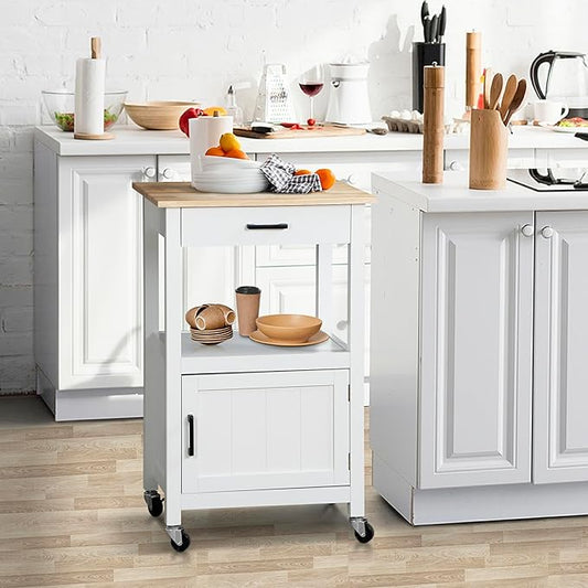 Nova Microdermabrasion Kitchen Island Cart on Wheels, Rolling Kitchen Cart with Single Door Cabinet, Mobile Small Coffee Cart Microwave Oven Cart Serving Cart for Dining Room, White