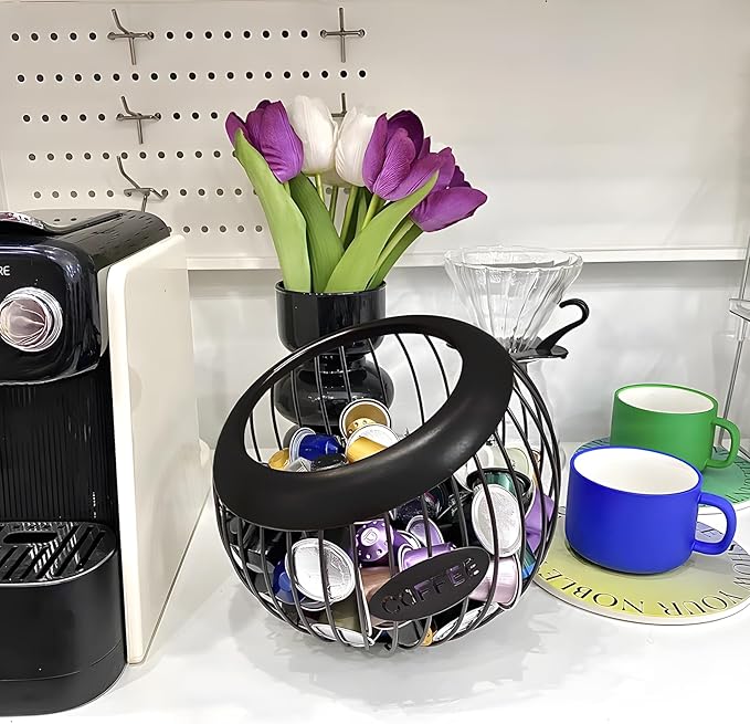 Coffee Pod Holder,K Cup Holders for Counter,Coffee Bar Accessories & Decor,Large Capacity Keurig K-cup Organizer, Nespresso Vertuo Station Organizer,Metal Pods Storage (Black)