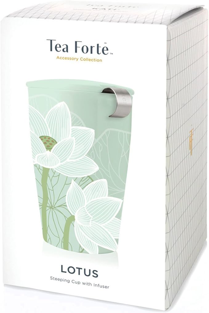 Tea Forte Double-Walled Ceramic Kati Cup, Removable Stainless Steel Infuser Basket and Lid, Steeps 12 oz Loose Leaf Tea, Dishwasher & Microwave Safe, Lotus