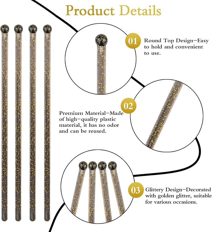 50 PCS Black Gold Glitter Plastic Swizzle Sticks, Crystal Cake Pops, Cocktail Coffee Drink Stirrers, Lolipop Stick for Christmas New Year Party, 7.10 Inch