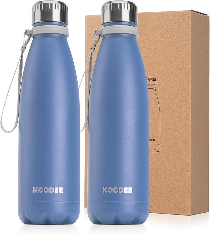koodee Insulated Water Bottle 2 Pack Stainless Steel Double Wall Vacuum Sports Water Bottle, 17 oz Cola Shape Leak Proof Travel Water Flask (2 Pack Royal Blue)