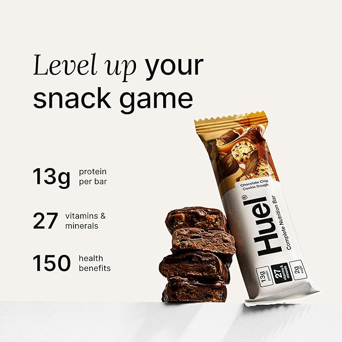 Huel Complete Nutrition Vegan Protein Bars | Cookie Dough | 13g Protein | 27 Vitamins & Minerals, 2g Sugar, Non-GMO, 100% Plant Based Snack | 12 Pack