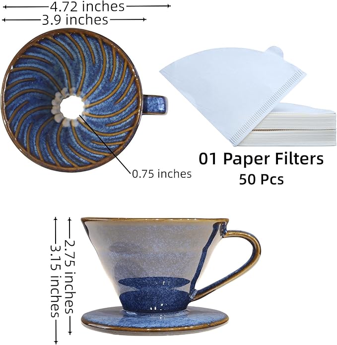 Ceramic Coffee Dripper includes 50 Filters 01 Pour Over Coffee Maker Porcelain V Hand Brewed Set Pottery Artisanal Drip Brew Barista Gift 1 Cup for Single People Travel Camping Office Home