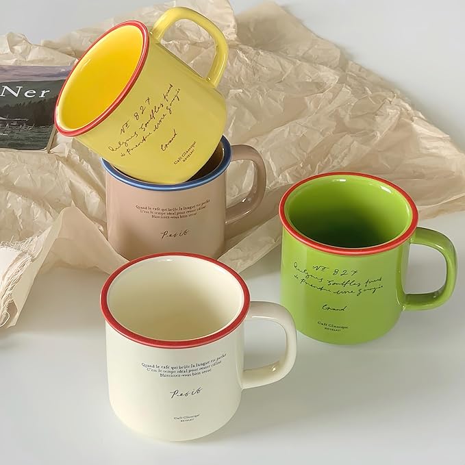 10 oz Retro Enamel-Style Coffee Mug, Minimalist Colorful Rim Ceramic Cups With Text Deign & Colorful Rims (Green)