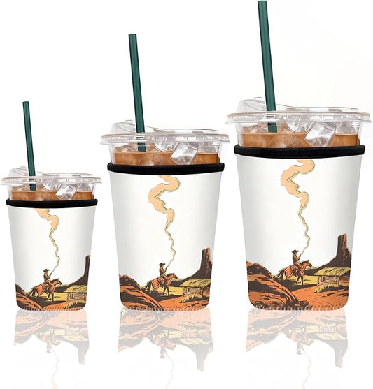 Neoprene Iced Coffee Sleeve 3 Pack, Reusable Insulated Cup Holder with Vintage Western Cowboy Pattern, Fits 16–32 oz Tumblers, Compatible with Starbucks & Dunkin