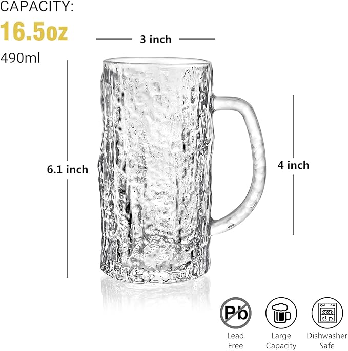 16.5oz Beer Mug, 4 Pack Glass Beer Mugs for Freezer, Clear Large Beer Steins with Handle, Gifts for Men