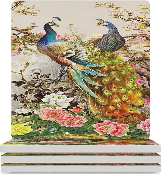 Square-4PCS Peacock Drink Coasters, Square Modern Ceramic Absorbent Coasters, Vintage Tree Branch Beautiful Plant Floral Gold Peacock Decor Desk Coffee Table Coaster for Beverage Cup Tea Coasters