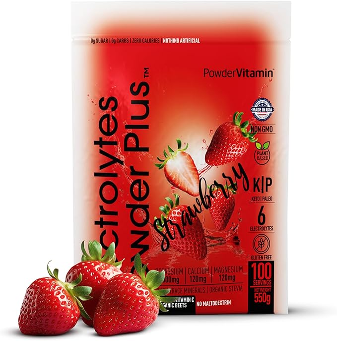 PowderVitamin Electrolytes Powder Plus (100 Servings) Strawberry Electrolyte Powder Zero Calorie Keto,0 Sugar, No Maltodextrin,1000mg Potassium,120mg Calcium,120mg Magnesium, Hydration Powder