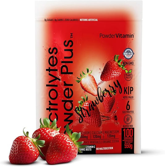 PowderVitamin Electrolytes Powder Plus (100 Servings) Strawberry Electrolyte Powder Zero Calorie Keto,0 Sugar, No Maltodextrin,1000mg Potassium,120mg Calcium,120mg Magnesium, Hydration Powder