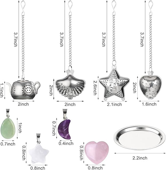 Cunhill 4 Sets Loose Tea Infusers Stainless Steel Teaballs Cute Tea Strainers Steeper Filters with Crystal Stone Pendants and Drip Tray Teacups Accessories(Cute Style)