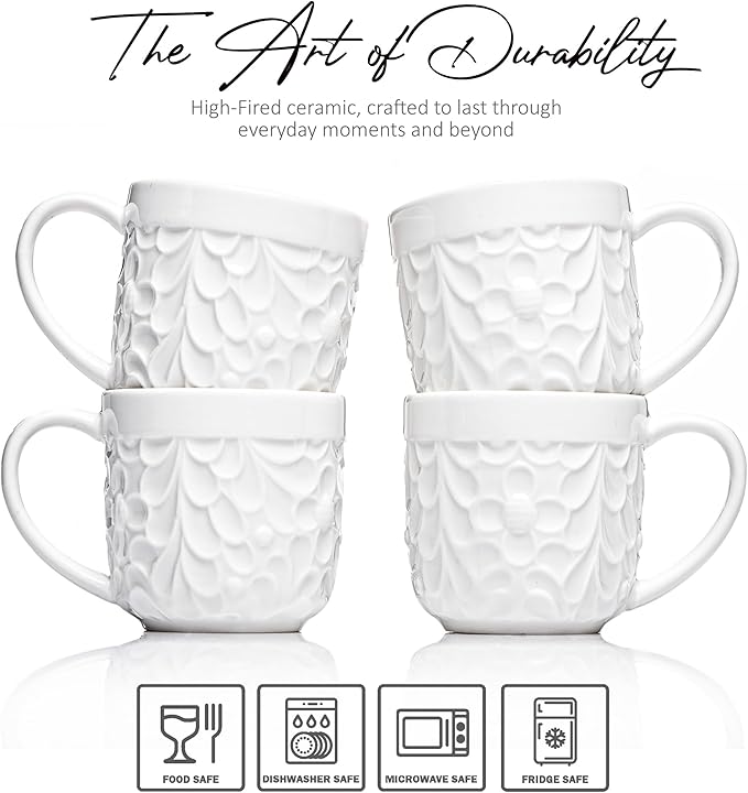 Ceramic Espresso Cups Set of 4 - White Cappuccino Cup with Nature-Inspired Engravings and Comfort-Grip Handle - 3.3 Oz Small Lead-Free Coffee Shot Mugs Safe for Dishwasher, Microwave, Oven, Freezer
