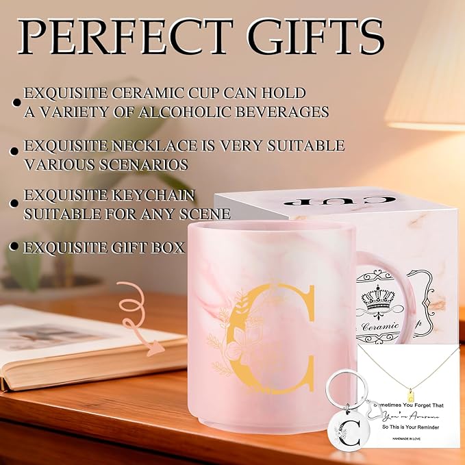 Monogrammed Christmas Gifts for Women, 11 oz Initial Ceramic Coffee Tea Mug with Necklace, Unique Birthday Gift for Her Wife Teacher Friend Mom, C