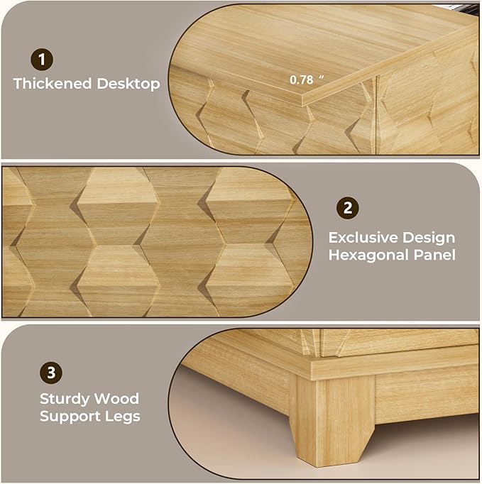 Lift Top Coffee Table, 31.5'' Square Coffee Table with with Storage, Farmhouse Coffee Tables with Hidden Storage, Center Table with Embossed Texture for Living Room, Home Office, Natural