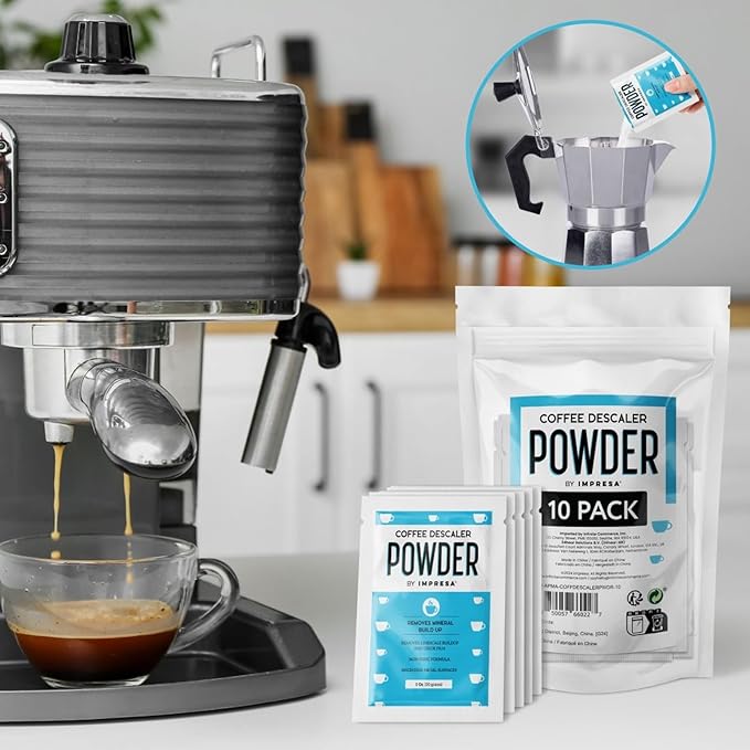 Impresa Descaling Powder & Coffee Machine Cleaning Powder for Breville, for Keurig, for Nespresso, for Delonghi, for Ninja & More - Espresso Machine Descaler - Pot & Coffee Maker Cleaner [10 Uses]