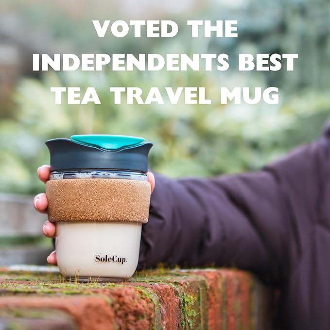 Reusable Strengthened Glass Travel Cup - Spill Proof Insulated Coffee Mug - 12oz/340ml BPA-Free Hot Drink Travel Mug with Lid & Cork Band (Blue, 12oz)