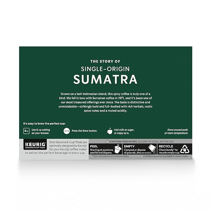 Starbucks K-Cup Coffee Pods, Dark Roast Coffee, Sumatra, 100% Arabica, 1 box (10 pods)