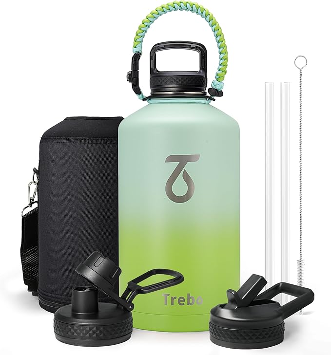 Trebo One Gallon Water Bottle Insulated with Paracord Handle,128oz Stainless Steel Sports Large Jug,Food-grade Double Wall Vacuum with Straw Spout Handle Lids, Leakproof Keep Cold & Hot, Dark Green