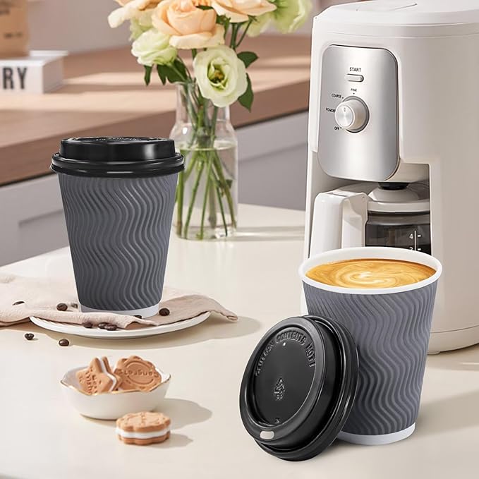 Clawsoff 100 Pack 12 oz Disposable Coffee Cups with Lids, Insulated Ripple Wall To-Go Paper Coffee Cups Suitable for Chocolate Cocoa and Hot/Cold Drinks (Grey)