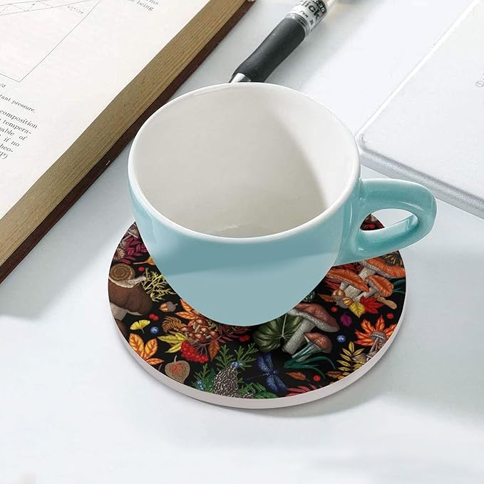 Round-4PCS Botanical Ceramic Coasters, Round Absorbent Drink Coasters, Rustic Cartoon Abstract Botanical Mushroom Plants Pattern Ceramic Table Coasters for Coffee, Beverage, Wine, Beer Coasters