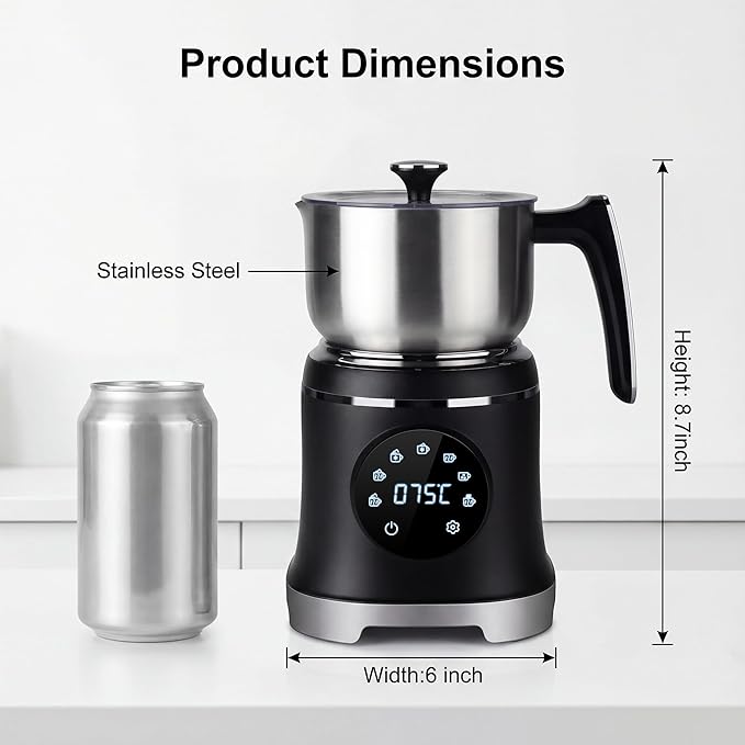 7-IN-1 Milk Frother, 20.3 OZ Milk Frother and Steamer with Temperature Control Stainless Steel Electric Milk Frother Dishwasher Safe Hot and Cold Foam for Latte Hot Chocolate Cocoa (Black)