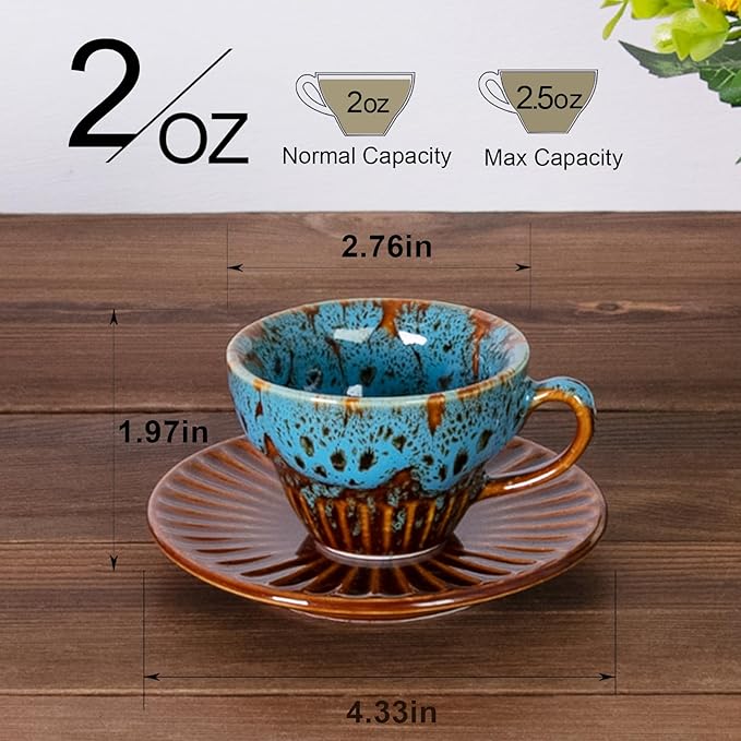 YINUOWEI 2 oz Espresso Cups Set of 2, Ceramic Cappuccino Cups with Saucers, Durable Porcelain Tea Set & Modern Coffee Cup Collection, Coffee Lover Gifts, Glazed Blue