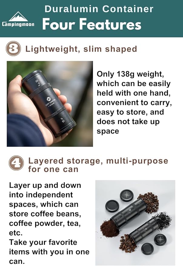 CAMPINGMOON 2-Layer Portable Coffee Bean Storage Canister Airtight Duralumin Coffee Travel Container Camping Lightweight Slim Mini Tea Caddy CNC Machined Metal Spice Jar Black S15g 30g CC-50-BK