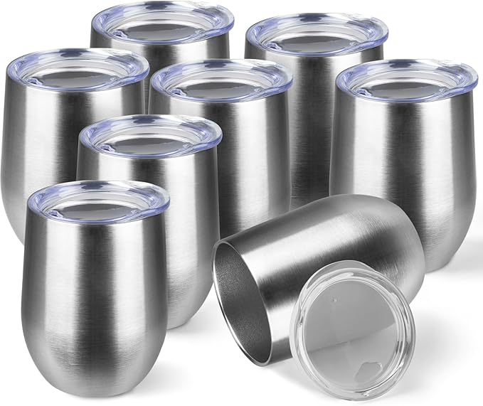 StarSpeed 12oz/8 Pack Wine Tumbler with lid, Stainless Steel Travel Mugs Stemless Double Wall Insulated Coffee Cup, Insulated Wine Glasses Travel Tumbler for Cold & Hot Drinks(Silver, 8)