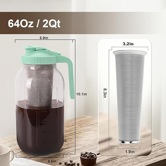 Cold Brew Coffee Maker - 64 Oz Heavy-Duty Glass Mason Jar Pitcher with Stainless Steel Filter, Leak-Proof Lid, Ergonomic Handle & Precision Pour Spout – Ideal for Iced Coffee, Tea, Cold Brew (Green)