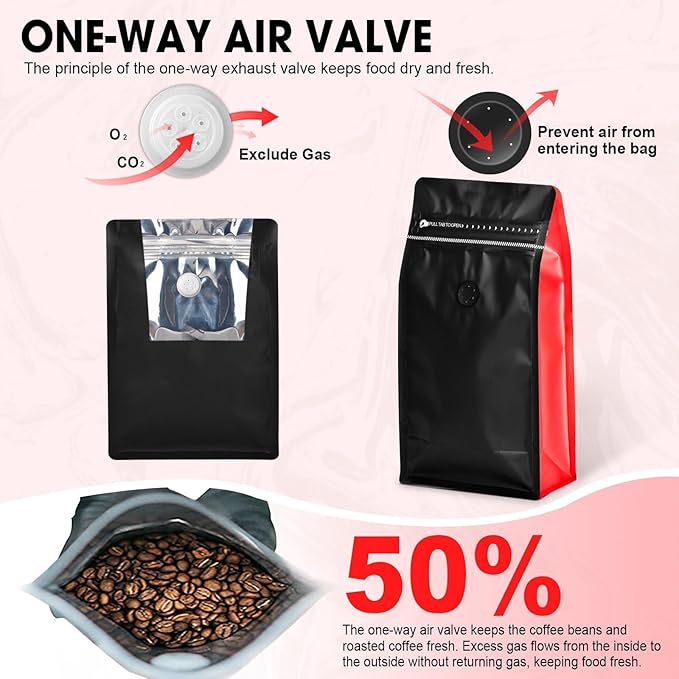 Coffee Bags with Valve(60pcs,16oz,1lb) Vented Coffee Beans Packaging Bags High Barrier Aluminumed Foil Flat Bottom Heat Sealed Side Zipper Resealable Storage Bag for Home or Business（Black+Red）