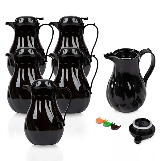 OCS Parts Set of 6 Easy Pour Thermal Coffee Carafes | 11-Inch Insulated Hot and Cold Beverage Pitcher Server for Coffee, Tea, Hot Chocolate and Water | 64-Ounce | Black