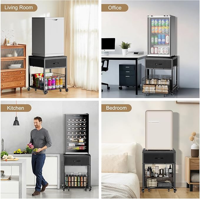 Housolution Mobile Mini Fridge Stand with Storage, Height-Adjustable Mini Beverage Fridge Table, Coffee Bar, 200 lbs Heavy-Duty Compact Refrigerator Shelf with Rolling Cabinet for Kitchen Home, Black