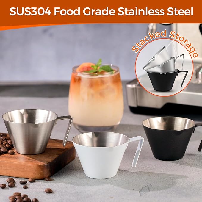 YARRAMATE 2Pcs Stainless Steel Espresso Shot Cup, Double Spout Metal Espresso Measuring Cup with V-Shaped Mouth, Espresso Accessories, 3.4OZ/100ML (Black)