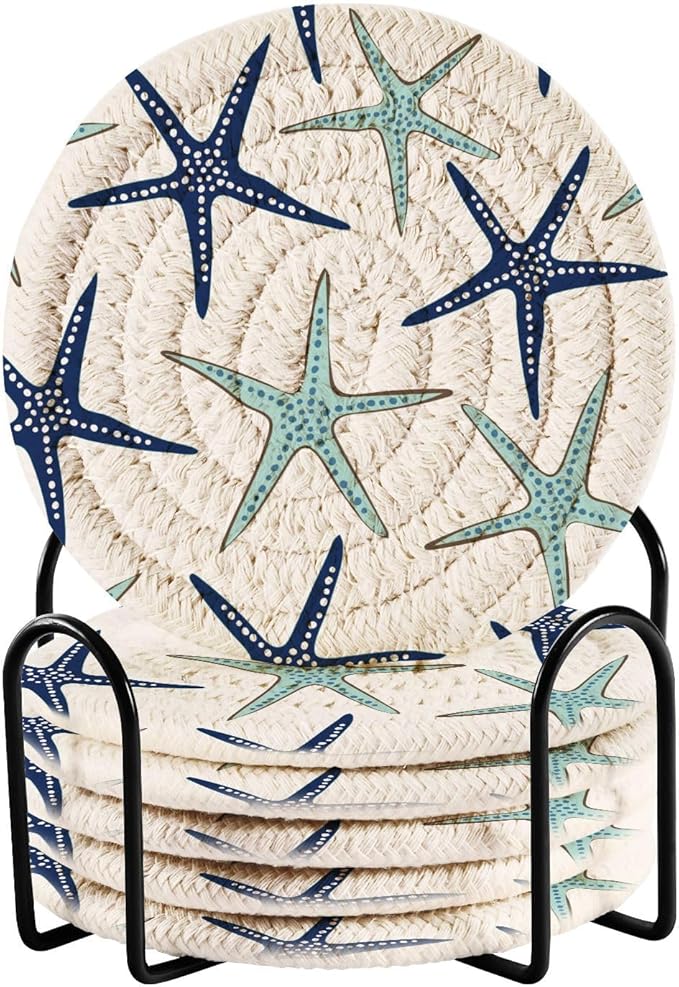 Coastal Coasters Set of 6 Starfish Cotton Coasters for Drinks with Holder, Beach Navy Blue Absorbent Decorative Bar Woven for Coffee Table Protection