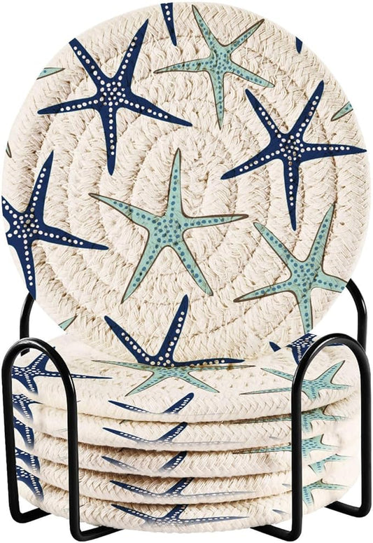 Coastal Coasters Set of 6 Starfish Cotton Coasters for Drinks with Holder, Beach Navy Blue Absorbent Decorative Bar Woven for Coffee Table Protection