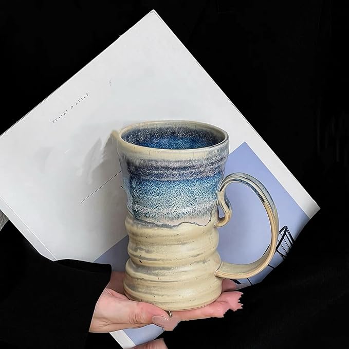 17oz Large Unique Cool Tall Handmade Ceramic Coffee Mug with Comfortable Big handle, Big Pottery Tea Mug, Artisanal Stoneware Coffee cup, Rustic Lead-free Tea Cups, Microwave safe Coffee Cup